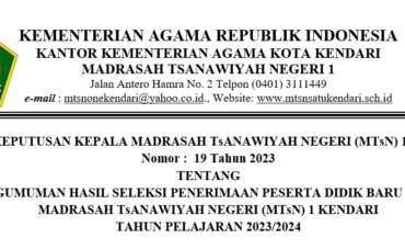 Pengumuman Hasil Seleksi PPDB MTsN 1 Kendari Tahun Pelajaran 2023/2024